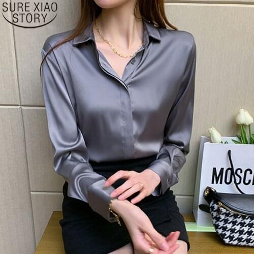 2021 Spring Office Lady Silk Blouse New Satin Shirts Women Chiffon Blouses Turn Down Collar Long Sleeve Tops Casual Loose Tops