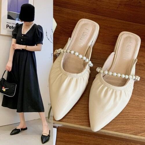 2021 New Retro Low-heeled Baotou Half Slippers Female Lazy Pointed Toe Flip-flops-free Shipping