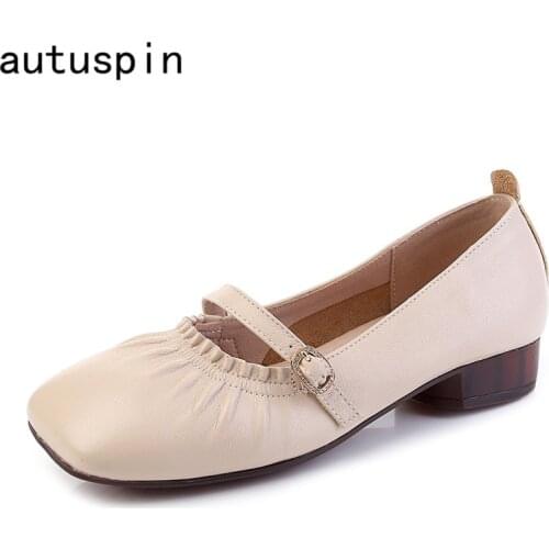 Autuspin Solid Color Women Pumps Fashion Genuine Cow Leather Square Toe Heels Pump Female Casual Mary Janes Shoes Black Green