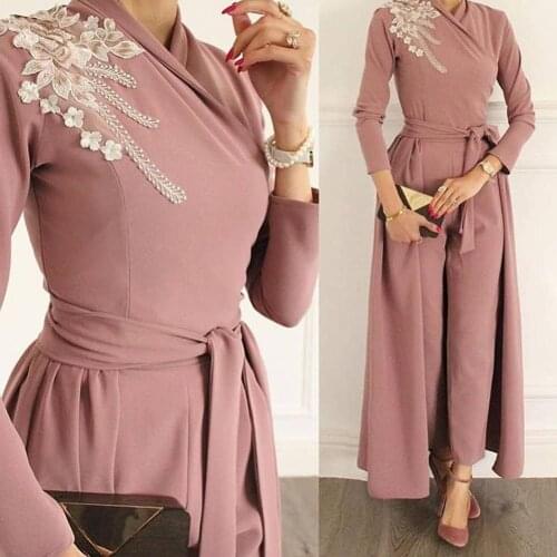 SuperKimJo Robe De Soiree Dusty Pink Jumpsuits for Weddings 2020 Lace Applique Beaded Elegant Pants for Women Abendkleider