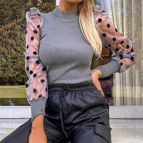 2021 New Hot Sale Elegant Women Sweater Autumn Polka Dot Long Mesh Puff Sleeve Ribbed Sweater Bottoming Shirt Pull Knitwear