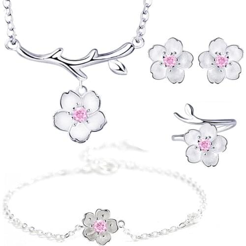 Romantic 925 Sterling Silver Cherry Blossoms Flower Jewelry Sets Pendant Cute Bridal Wedding Sets