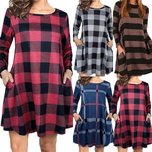 Womens Casual Plaid Printed Dress O-Neck Long Sleeve Mini Dress WIth Pockets 2021 Autumn Casual Loose Dress платья для женщин
