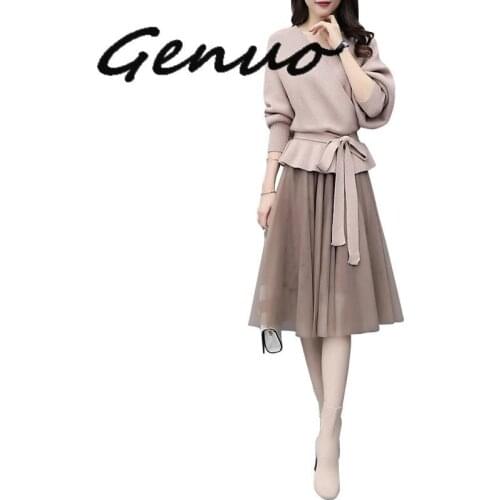 Women Sweater Dresses Spring 2019 New Casual Bandage Knitted Dress Plus Size 4XL Vintage A-line Mesh Dress Vestidos 2 Piece Set