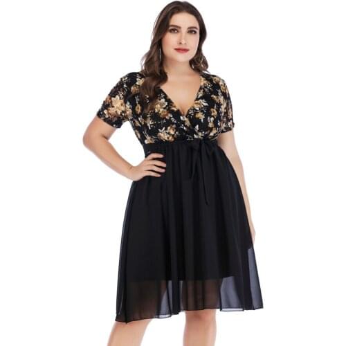 Summer plus size dress New short-sleeved lace print woman clothe patchwork belt chiffon 5XL large dress women