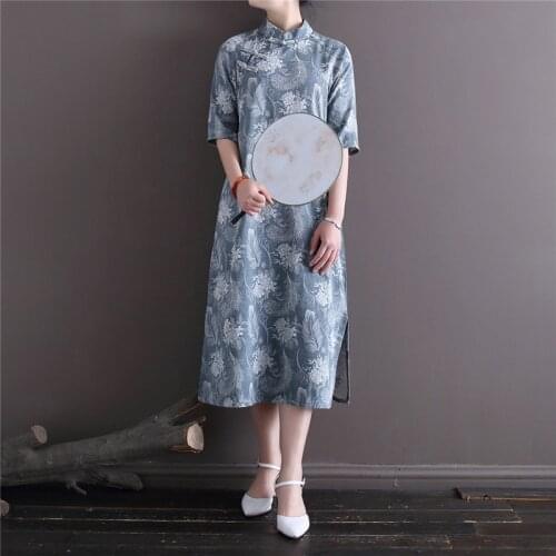 Johnature Women Chinese Style Cheongsam Summer Stand Dress Vintage Vutton 2021 New Print Floral Short Sleeve Cotton A-Line Dress