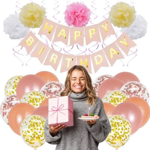 1Set Hanging Latex Balloons With Confetti Paper Banner Spiral Garland Flower Balls DIY Happy Birthday Decoration Adult Kids Gift