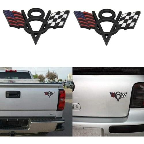 2Pcs V8 Emblem Badge USA American Flag Car Trunk 3D Emblem Badge Sticker Decal for Ford Chevrolet Chevy Corvette