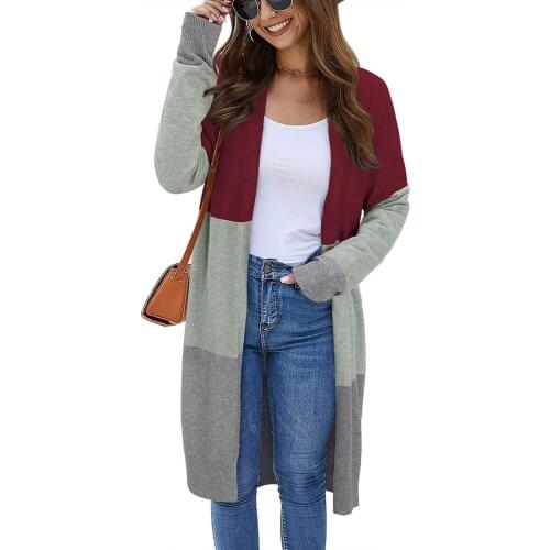 2021 Fashion Womens Spring Autumn Sweaters Open Front Cardigan Long Sleeve Colorblock Knit Sweaters With Pockets
