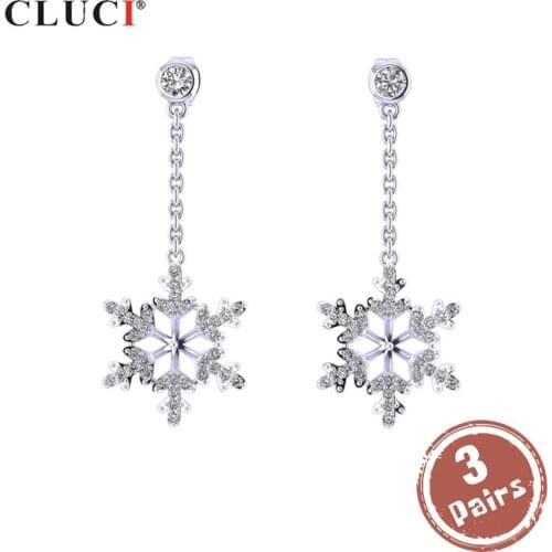 CLUCI 3 pair wholesale Silver 925 Snowflake Drop Earrings for Women 925 Sterling Silver Pearl Mounting Earrings Jewelry SE105SB