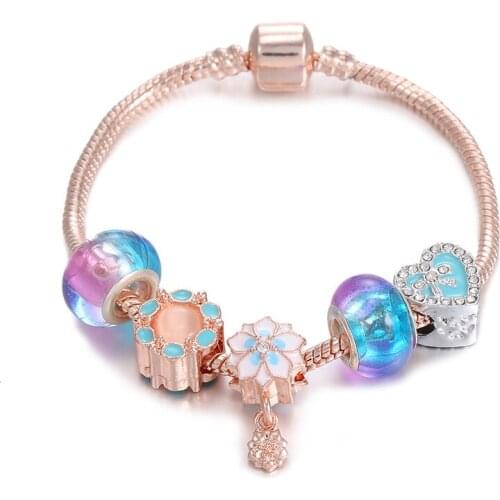 New Pandora Style Bracelet Women Gradient Colored Glass Love Flower Beaded Hand Jewelry