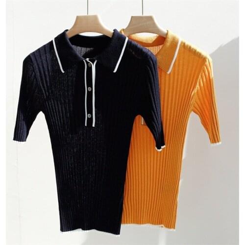 Brand Fashion Women High-end Luxury Summer New Lapel Slim Knitted Short-sleeved Polo Shirt Top