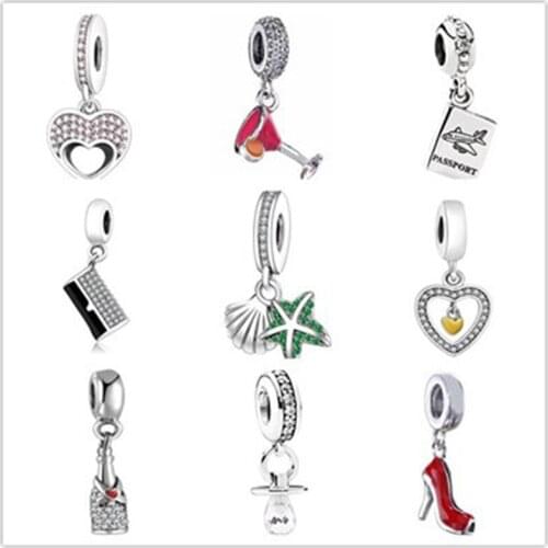 High Quality 925 Sterling Silver Heart Cake High Heels Wine Glass Starfish Charm Beads fit Pandora Bracelet Silver 925 Jewelry