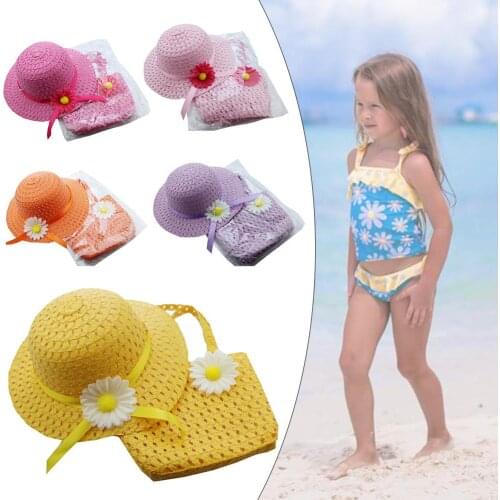 Flower Sun Straw Hat With Handbag Beach Suit Kid Girl Beach Hat Portable Summer Sun Cap Outdoor Riding Purse Sets With 2 Handles