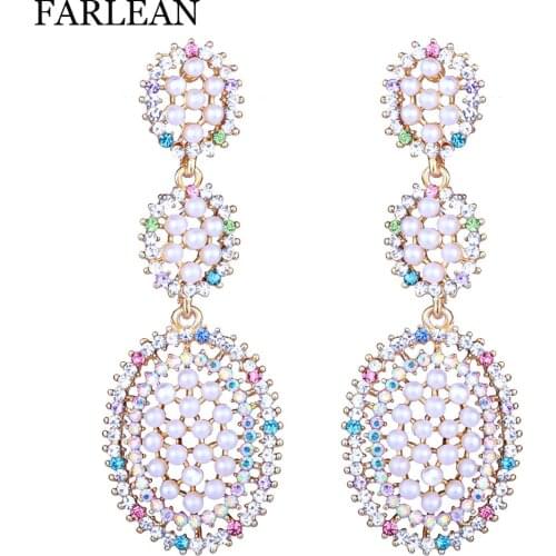 FARLENA korean earrings Imitation pearl jewelry silver plated rhinestones dangle earrings long earrings for women prom accessory