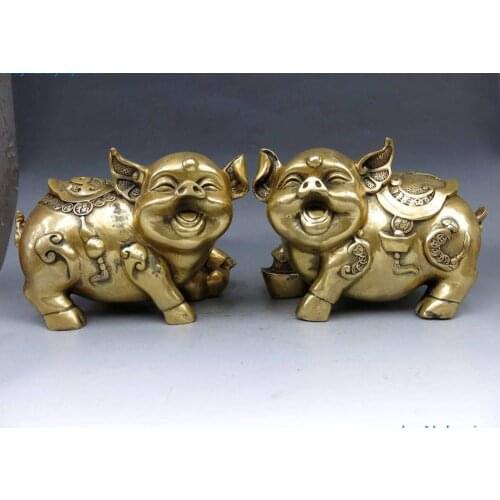China Brass Copper Animal Feng shui Yuan Bao Wealth Money Pig A Pair Statue