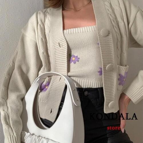 KONDALA Za 2021 Women Chic Beige Floral Appliques Knitted Cardigans V Neck Single Button Loose Jackets Casual Y2K Grils Sweater