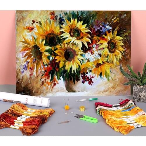 Bouquet Sunflowers Printed Canvas 11CT Cross Stitch DIY Embroidery Full Kit DMC Threads Knitting work Sewing Painting Counted