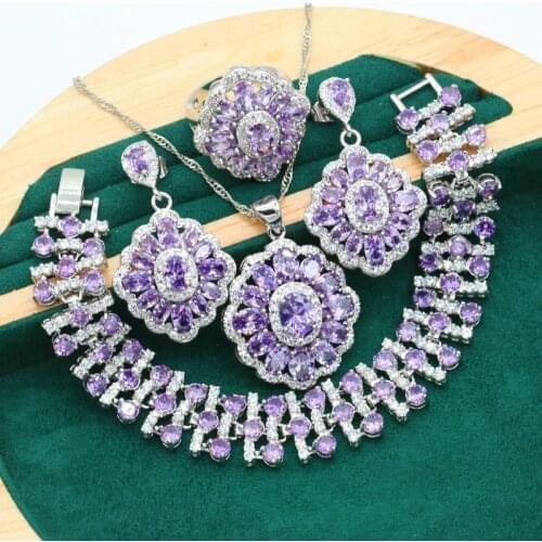 Bride Purple Zircon Silver Color Jewelry Set for Women Wedding Bracelet Earrings Necklace Pendant Ring Birthday Christmas Gift