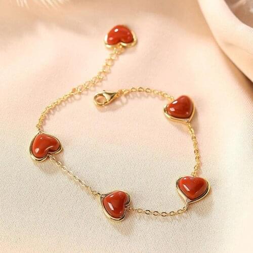 Original S925 Sterling Silver Gold-Plated Natural South Red Agate Heart-Shaped Bracelet Creative All-Match Temperament Womens L
