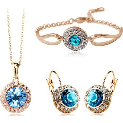 Ociki Rose Gold Color Crystal Necklace Earrings and Bracelet Jewelry Set Green Blue Purple for Women Drop Shipping Fashion