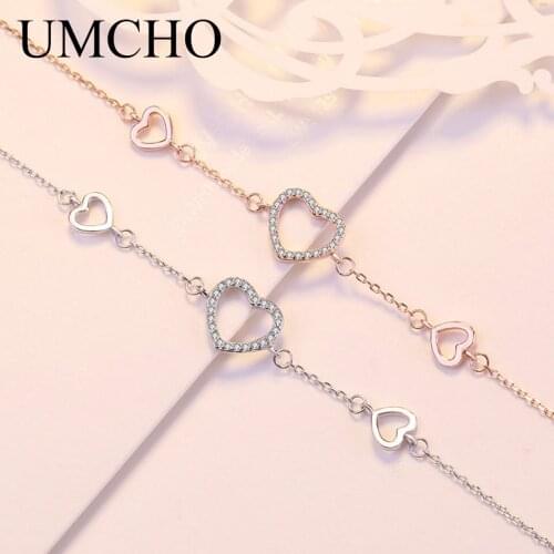 UMCHO Romantic Heart Shape Zircon Bracelets & Bangles Real 925 Sterling Silver Charm Bracelets For Women Fine Jewelry
