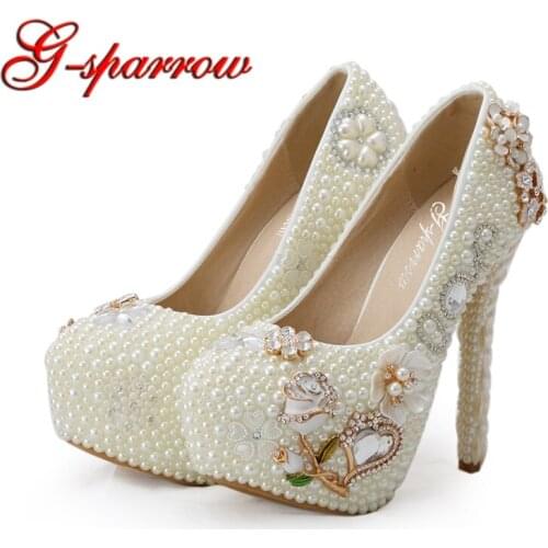 Customized Luxury Diamond Rhinestone High Heels Women Wedding Shoes Ivory Pearl Bridal Platforms Adult Ceremony Party Shoes