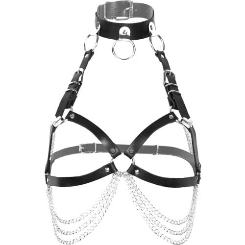 Sexy Erotic Rave Women Harness Goth Cupless Bra Crop Top PU Leather Body Chest Harness Straps with Metal Chain Tassel Lingerie