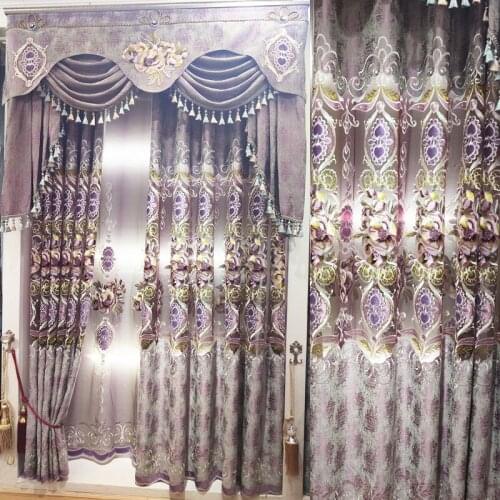 Custom Villa Atmosphere curtains for Living Room Bedroom Balcony Curtain Purple Jacquard Chenille Hollow Embroidered Curtains