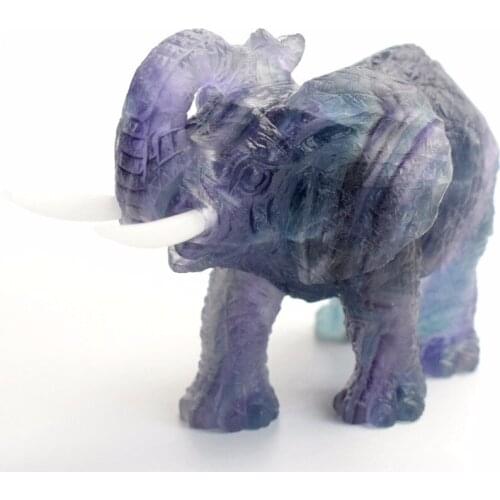 4 INCH Natural Chakra Fluorite Carved Crystal Reiki Healing Elephant Feng Shui Statue with Double White Jade Dismountable Ivory