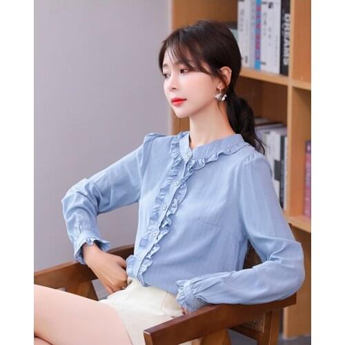 2021 autumn new shirt womens natural and elegant lace lotus collar long-sleeved French shirt temperament top