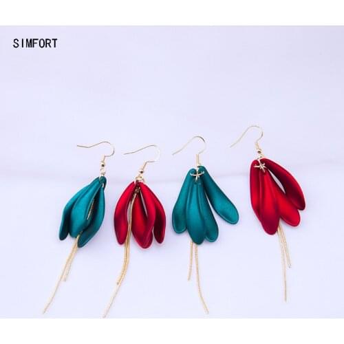 Womens 925Silver Pin Earrings Red Petal Tassel Long Elegant Fashion Personality Vintage Simple Alloy Decoration Jewelry Gift