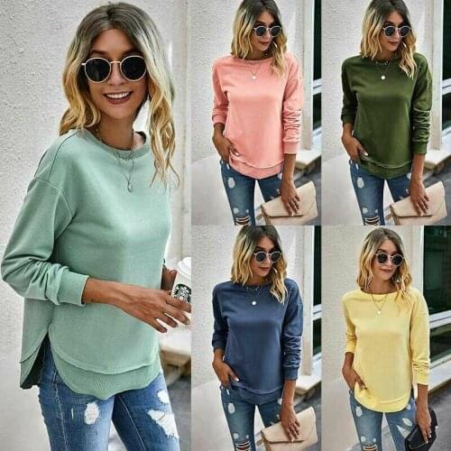Women Ladies Long Sleeve Sweatshirts Plain Casual Side Split Hoodies Jumper Tops