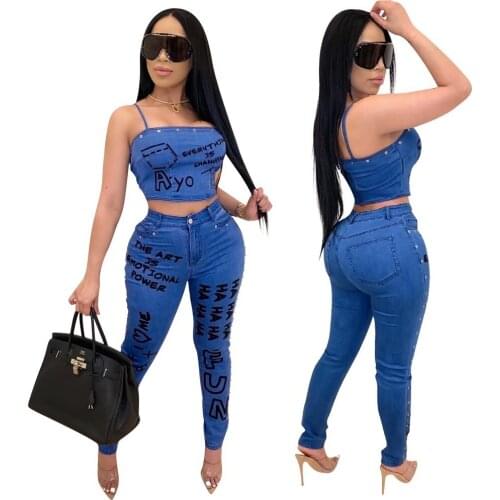 Echoine Stretch Denim Two-Piece Set Women Sexy Spaghetti Straps Riveting Nail Printed Tank Tops Jeans Pants Casual Sportswear