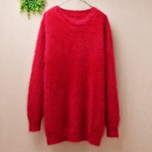 Ladies women fashion hairy mink cashmere o-neck long sleeves loose christmas red pullover angora fur winter jumper clothing top