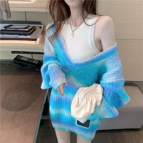 Gradient Blooming Sweater Pullover Women V-Neck Vintage Lantern Long Sleeve Knitted Jumper Outwear Street Fashion Two-Piece Suit