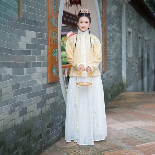 Winter Traditional Chinese Hanfu Women Clothing Set Embroidered Dress Crystal Woolen Stand-up Collar Aoqun Skirt