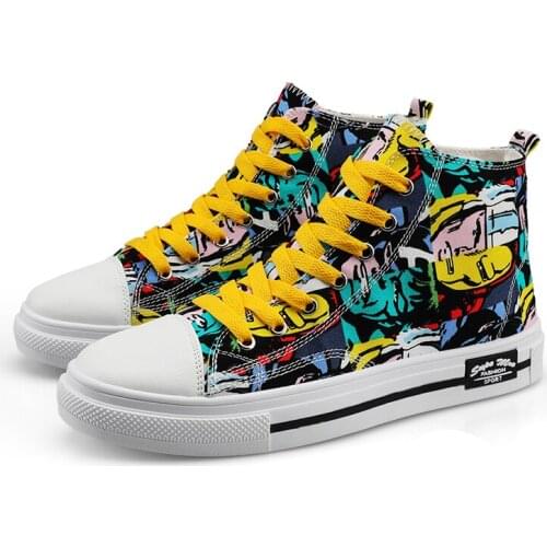 2020 Alliance Men Canvas Shoes Graffiti New Fashion Solid Color Low High Upper Vulcanized Shoes Couple Lace-up Casual Sneakers