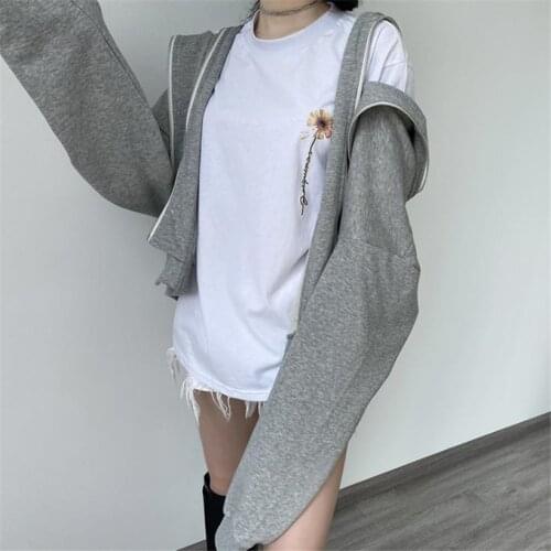 2020 Spring Autumn New Gray Double Zipper Jacket Hooded Sweatshirt Womens High Street Fake Two-piece Top