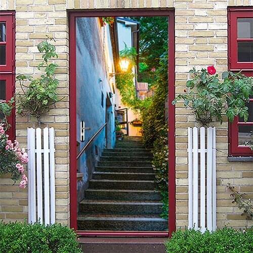 3D Door Sticker Beautiful Town Corridor Wallpaper Home Design Decor Mural Wall Decals Kitchen Bedroom Self Adhesive Poster