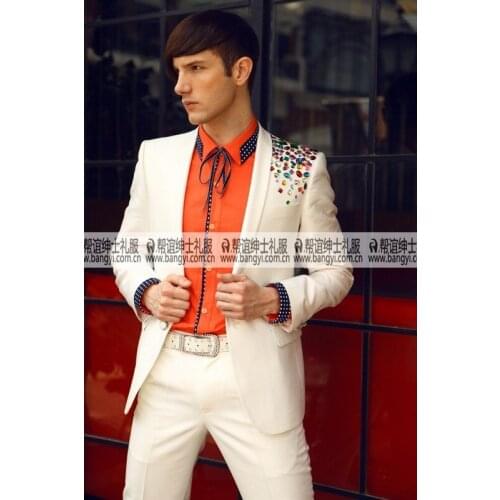 Free ship 100%real mens white shoulder colorful rhinestone beading event/stage performance tuxedo jacket