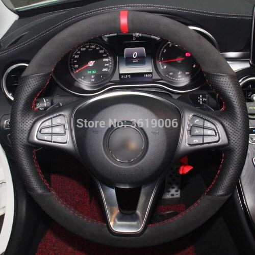 DIY Steering Wheel Cover Wrap Black Suede Black Leather Hand Sewing For Benz C180 C200 C260 C300 B200