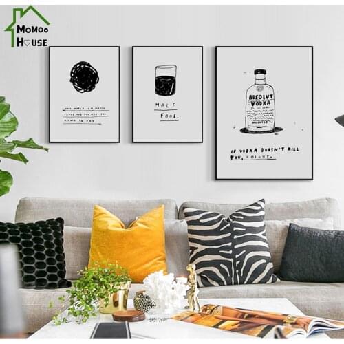 Black and White Cartoon Canvas Painting Lovely Wine Bottle Bread Poster for Bar Wall Art Decorative Picture Home Decor