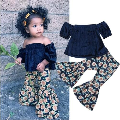 1-6Y Toddler Baby Girls Fashion Lovely Clothes Sets 2PCS Off Shoulder Velvet Pullover Tops+Sunflowers Print Flare Pants