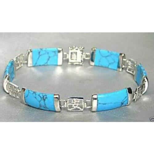 Pretty Blue Turquoise 925 Sterling Silver Fortune Lucky Link Bracelet