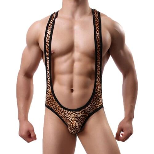Mens Bodysuits Jockstrap Sexy Underwear Leopard Printed One Piece Jumpsuits Wrestling Singlet Leotard Open Butt Undershirts 2XL