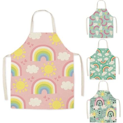 Parent-child Kitchen Apron Cartoon Rainbow Clouds Printed Sleeveless Cotton Linen Aprons for Men Women Home Cleaning Tools