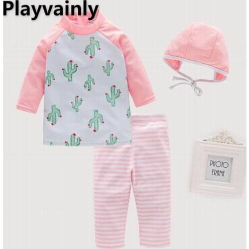 Baby Girls Swimming Wear Cactus long sleeve swimsuit + Striped pants +Hat 3pcs suit Children Fashion Swimwear E71189