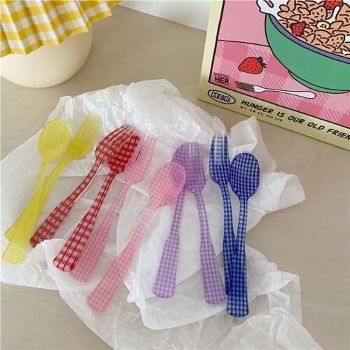 1 Set French Style Retro Plaid Dessert Spoon and Fork Plastic Tea Coffee Mixing Spoon Vintage Drink Tableware Flowers Teaspoons