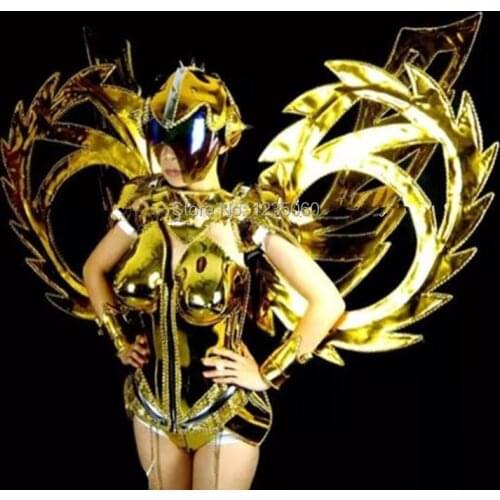 WYY Model performance dress gold mirror wings backplane dj dress bodysuit armor robot suit clothe bar helmet dance costume show